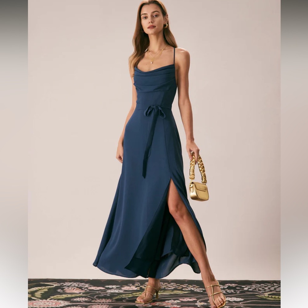 NWT Navy Cowl Neck Cutout Back Formal Dress
